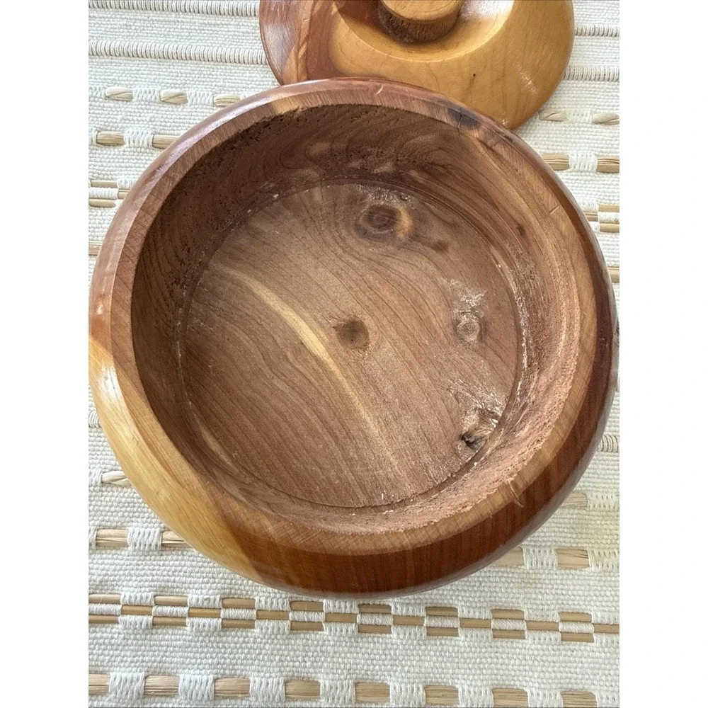 Vintage Hand turned Small Wood Bowl With‎ Lid Trinket Dish MCM